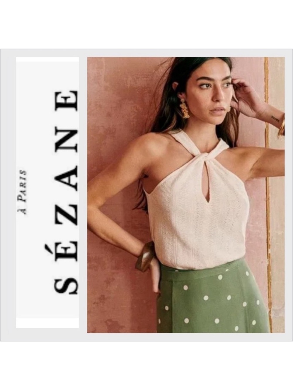 Sézane Marissa Cream Twist-Neck Halter Top